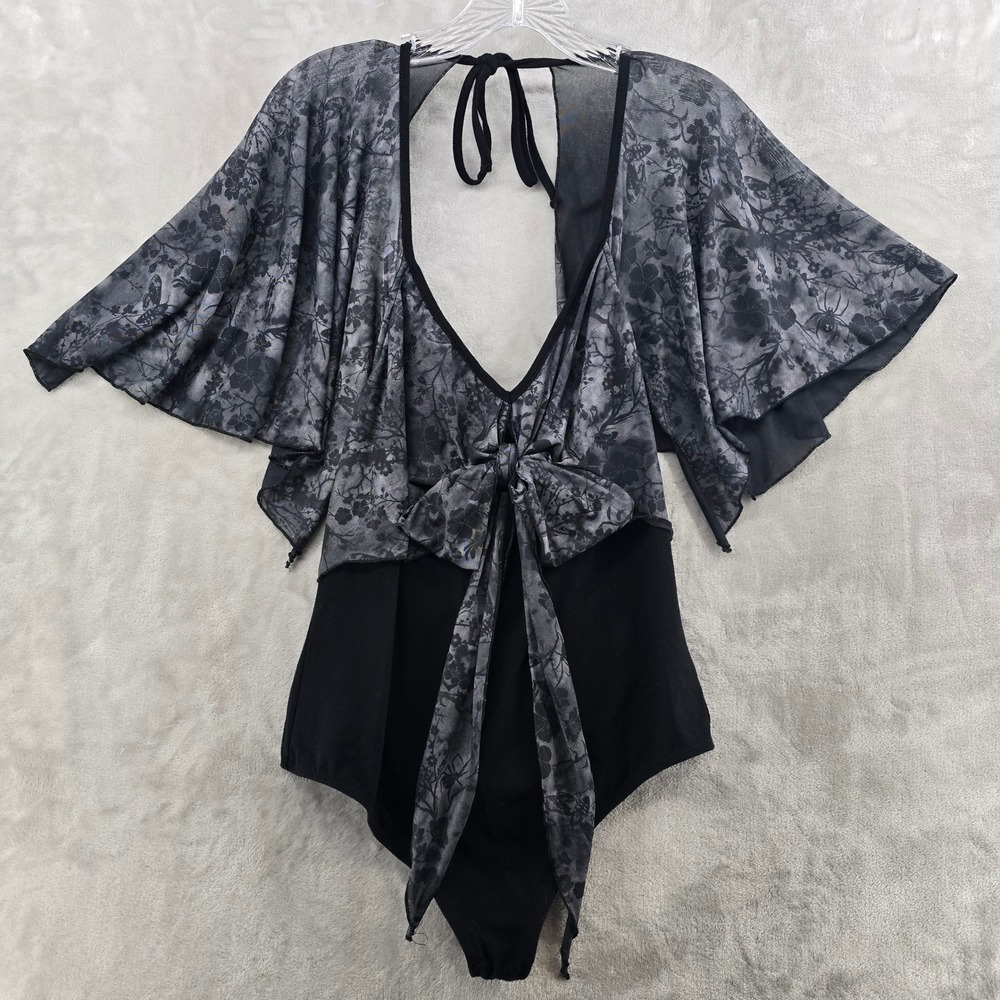 Midnight Hour Womens XL Bodysuit Black Floral Mesh Butterfly Sleeve
